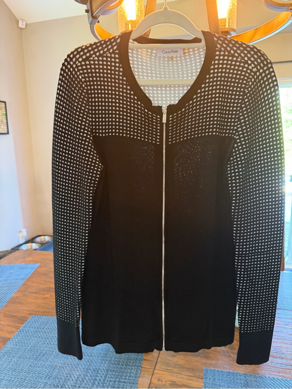 Calvin Klein Black Zip Front Knit Cardigan with White checkered Pattern